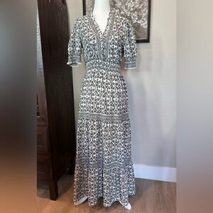 Max Studio Black and White Printed Smocked-Waist Maxi Dress